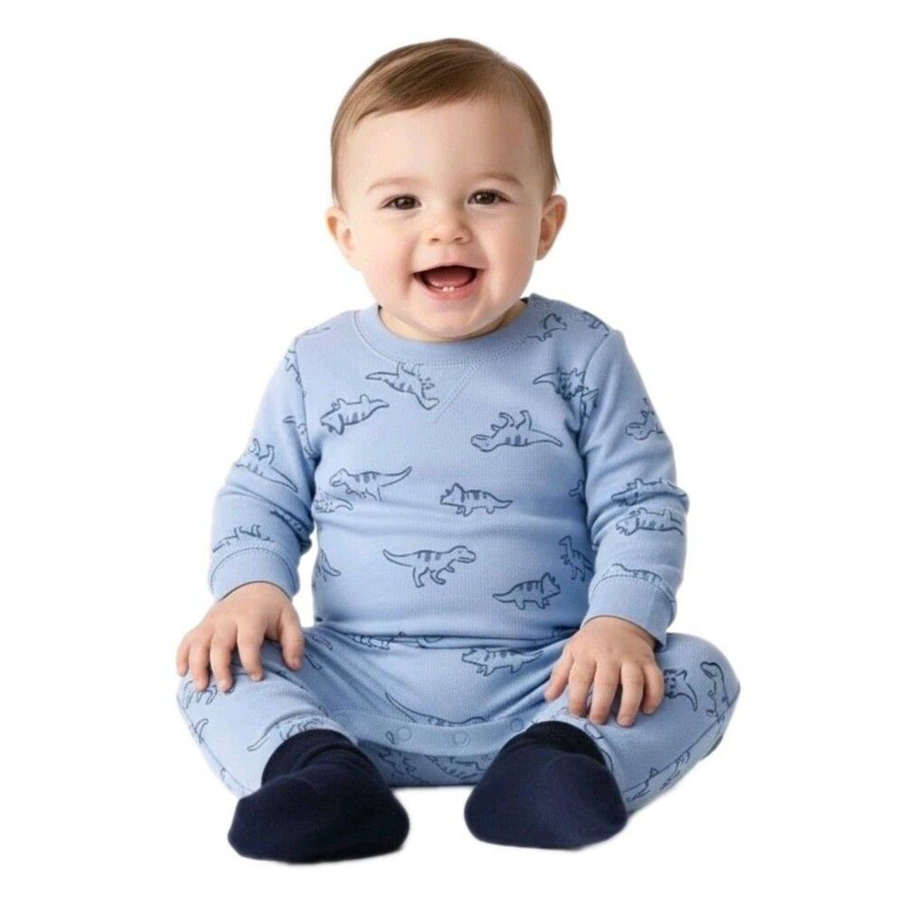 Carter's Baby Boy 2-pack Cotton Snap Jumpsuits Footies Blue Dinosaur Print 12M